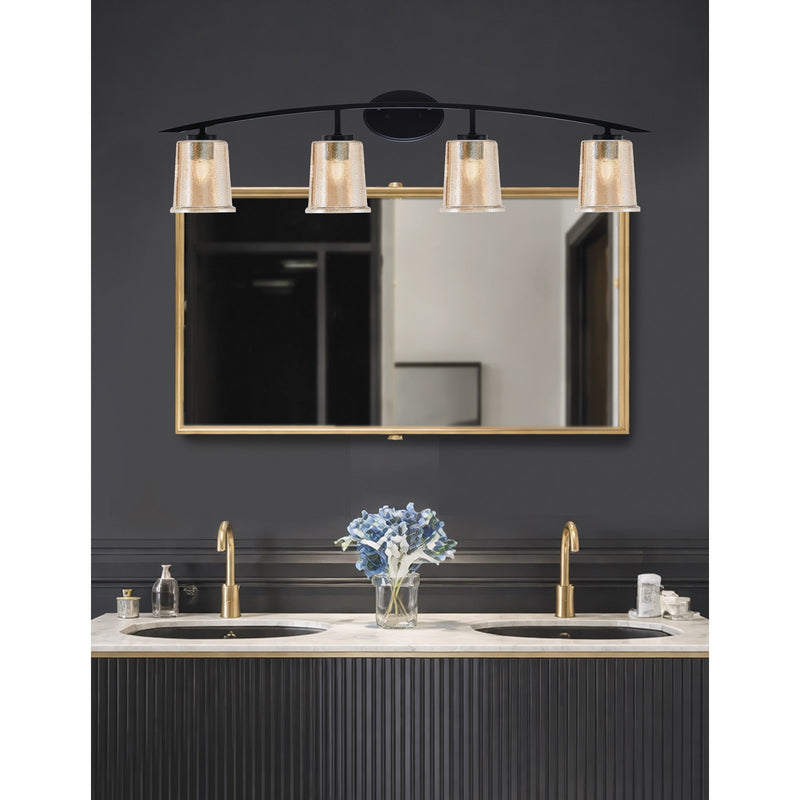 Toltec Kurve 4-Light Bath Bar | Modern Matte Black Steel and Amber Bubble Glass | Bathroom Vanity Light | 7 x 9.5 in | Model 3724-MB-5033
