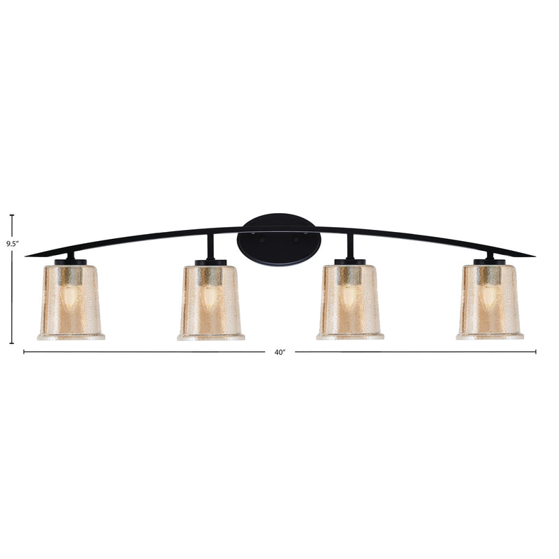 Toltec Kurve 4-Light Bath Bar | Modern Matte Black Steel and Amber Bubble Glass | Bathroom Vanity Light | 7 x 9.5 in | Model 3724-MB-5033