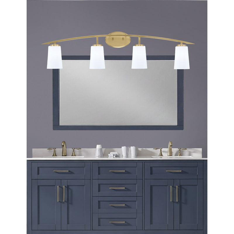 Toltec Kurve 4-Light Bath Bar | New Age Brass Steel and White Opal Glass | Bathroom Vanity Light | 7.25 x 10.5 in | Model 3724-NAB-261