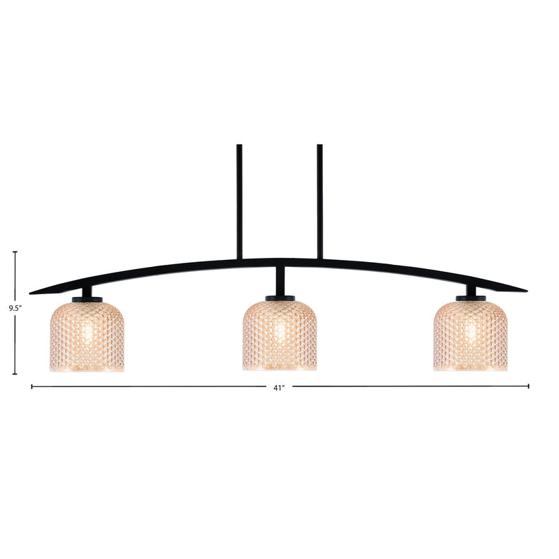 Toltec Kurve 41in 3-Light Island Light | Modern Matte Black Steel and Amber Textured Glass | Kitchen Island & Dining Room | 6 x 41 x 9.5 in | Model 3736-MB-4613