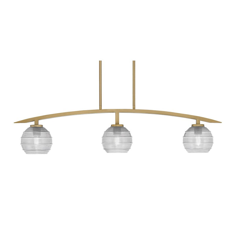 Toltec Kurve 3Lt Island Light, Brass, 6" Clear Ribbed - 3736-NAB-5110