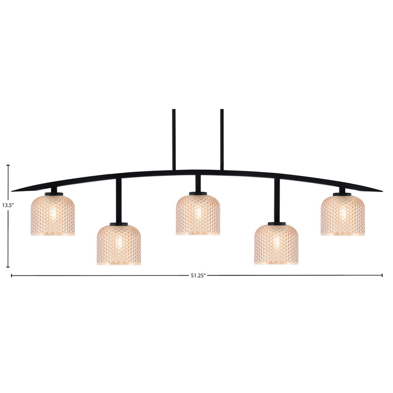 Toltec Kurve 51.25in 5-Light Bar Light | Modern Matte Black Steel and Amber Textured Glass | Kitchen Island & Dining Room | 6 x 51.25 x 13.5 in | Model 3745-MB-4613