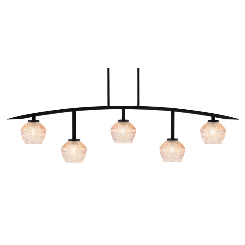 Toltec Kurve 41in 5-Light Bar | Modern Matte Black Steel and Amber Textured Glass | Kitchen Island & Dining Room | 6 x 41 x 9.5 in | Model 3745-MB-4623