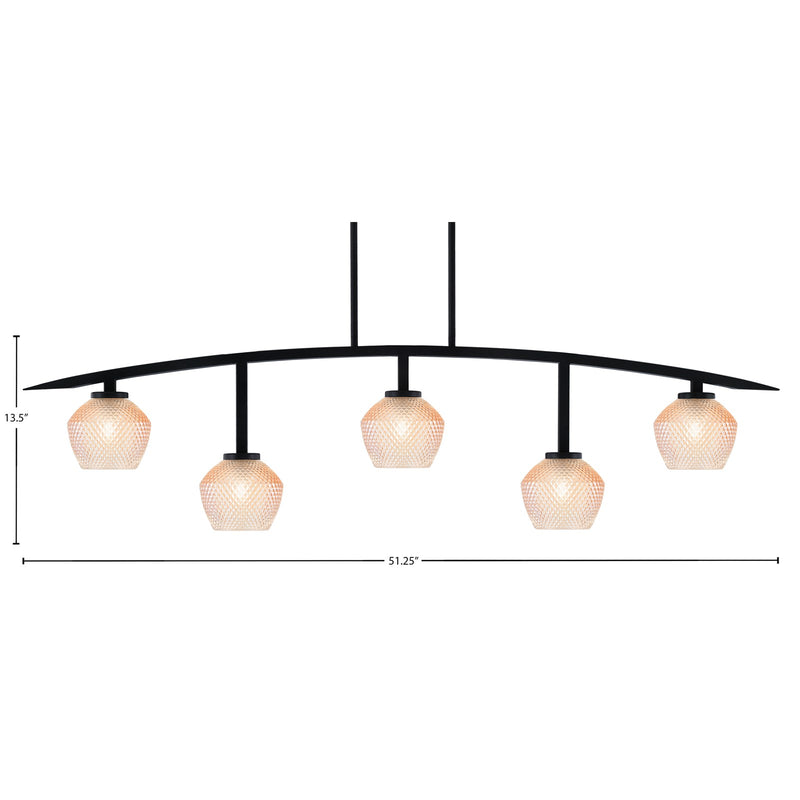 Toltec Kurve 41in 5-Light Bar | Modern Matte Black Steel and Amber Textured Glass | Kitchen Island & Dining Room | 6 x 41 x 9.5 in | Model 3745-MB-4623