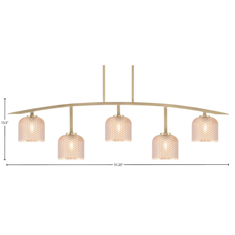 Toltec Kurve 51.25in 5-Light Bar Light | Contemporary New Age Brass Steel and Amber Textured Glass | Kitchen Island & Dining Room | Model 3745-NAB-4613