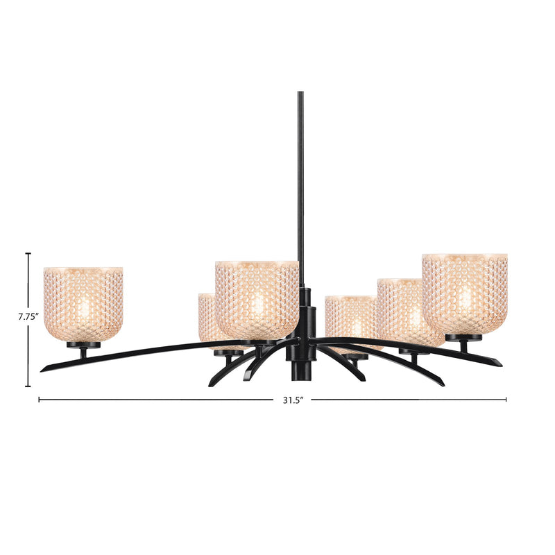 Toltec Kurve 31.5in 6-Light Chandelier | Industrial Matte Black Steel and Amber Textured Glass | Dining Room & Entryway | 31.5 x 31.5 x 7.75 in | Model 3746-MB-4613