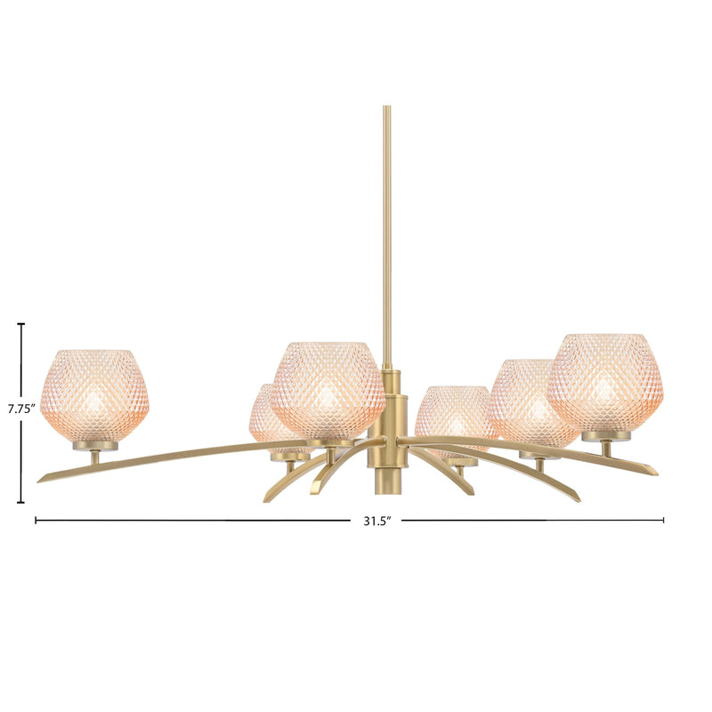 Toltec Kurve 31.5in 6-Light Chandelier | New Age Brass Steel and Amber Textured Glass | Dining Room & Entryway | 31.5 x 7.75 in | Model 3746-NAB-4623