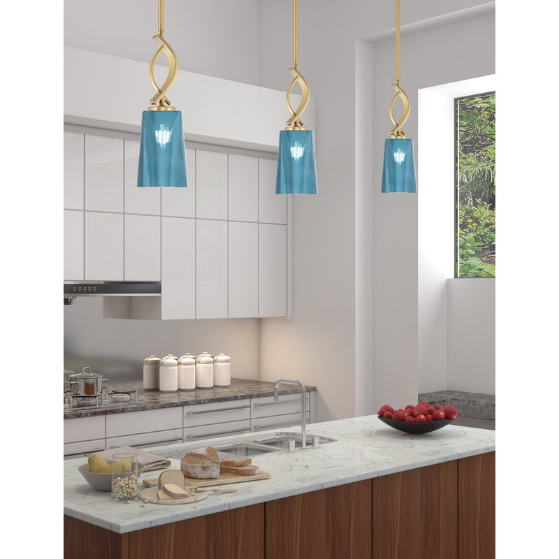 Toltec Cavella 5in 1-Light Mini Pendant | New Age Brass and Blue Gradient Glass | Kitchen Island & Dining Room | Model 3901-NAB-265