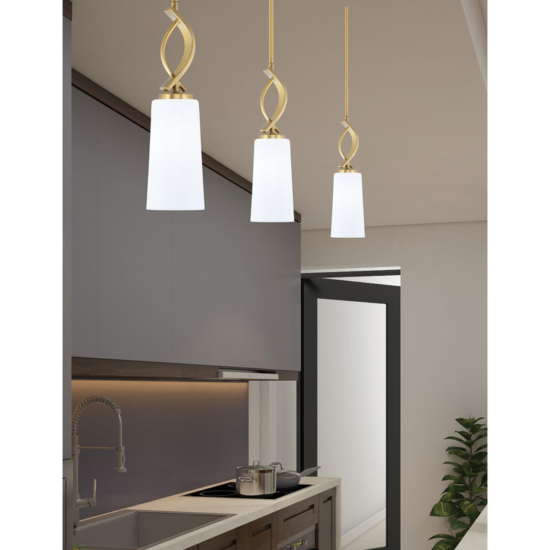 Toltec Cavella 5in 1-Light Mini Pendant | New Age Brass and White Opal Glass | Kitchen Island & Dining Room | 5 x 5 x 16.75 in | Model 3901-NAB-291
