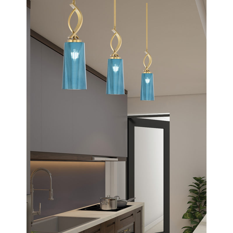 Toltec Cavella 5in 1-Light Mini Pendant | New Age Brass and Blue Gradient Glass | Kitchen Island & Dining Room | 5 x 16.75 in | Model 3901-NAB-295