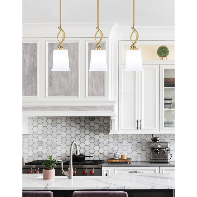Toltec Cavella 5in 1-Light Mini Pendant | New Age Brass and White Opal Glass | Kitchen Island & Dining Room | 5 x 12.75 in | Model 3901-NAB-5031