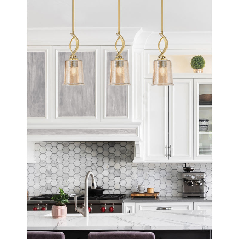 Toltec Cavella 5in 1-Light Mini Pendant | New Age Brass and Amber Bubble Glass | Kitchen Island & Dining Room | 5 x 12.75 in | Model 3901-NAB-5033