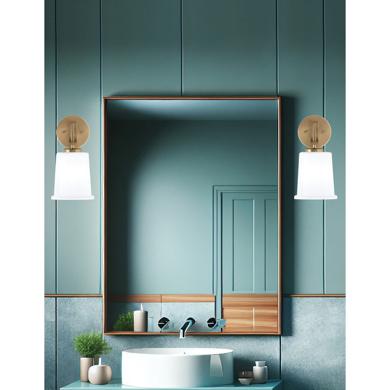 Toltec Cavella 11in 1-Light Wall Sconce | New Age Brass and White Opal Glass | Bathroom & Hallway | 5 x 7.75 x 11 in | Model 3911-NAB-5031