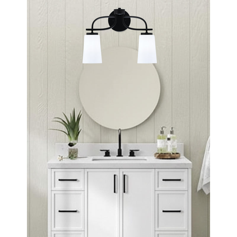 Toltec Cavella 12.5in 2-Light Bath Bar | Modern Matte Black Steel and White Opal Glass | Bathroom Vanity Light | 7 x 12.5 in | Model 3912-MB-261