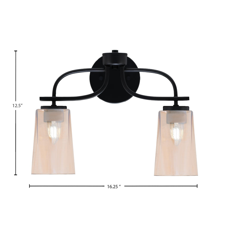 Toltec Cavella 2-Light Bath Bar | Modern Matte Black Steel and Amber Gradient Glass | Bathroom Vanity Light | 7 x 12.5 in | Model 3912-MB-263