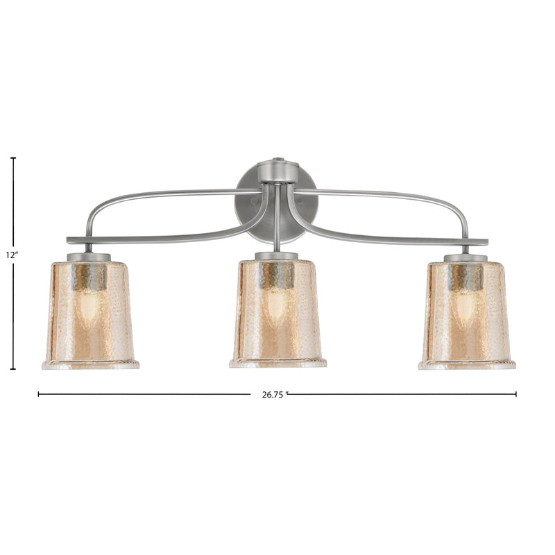 Toltec Cavella 12in 3-Light Bath Bar | Modern Graphite and Amber Bubble Glass | Bathroom Vanity Light | 7.25 x 12 in | Model 3913-GP-5033