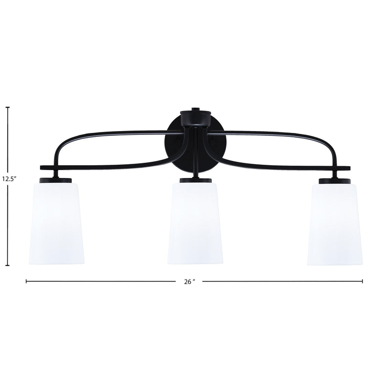 Toltec Cavella 12.5in 3-Light Bath Bar | Modern Matte Black Steel and White Opal Glass | Bathroom Vanity | 7 x 12.5 in | Model 3913-MB-261