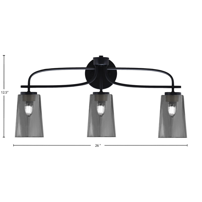 Toltec Cavella 12.5in 3-Light Bath Bar | Modern Matte Black Steel and Smoke Bubble Glass | Bathroom Vanity | 7 x 12.5 in | Model 3913-MB-262