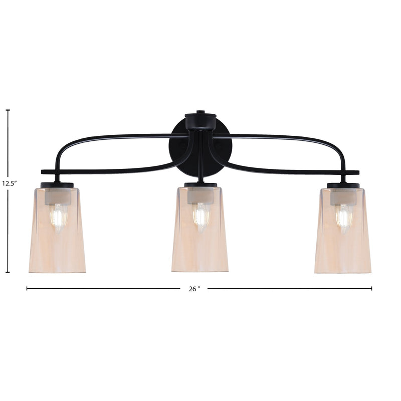 Toltec Cavella 12.5in 3-Light Bath Bar | Modern Matte Black Steel and Amber Gradient Glass | Bathroom Vanity | 7 x 12.5 in | Model 3913-MB-263