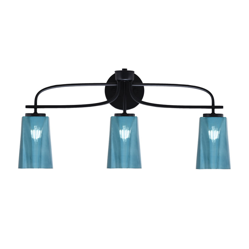 Toltec Cavella 12.5in 3-Light Bath Bar | Modern Matte Black Steel and Blue Gradient Glass | Bathroom Vanity | 7 x 12.5 in | Model 3913-MB-265