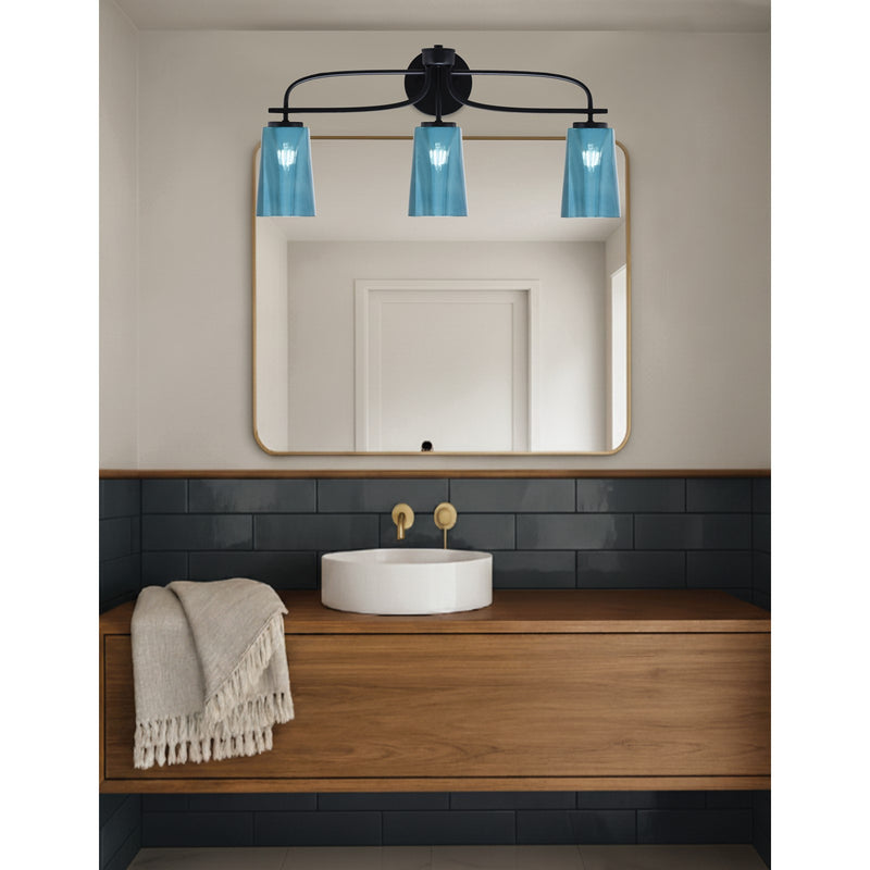Toltec Cavella 12.5in 3-Light Bath Bar | Modern Matte Black Steel and Blue Gradient Glass | Bathroom Vanity | 7 x 12.5 in | Model 3913-MB-265