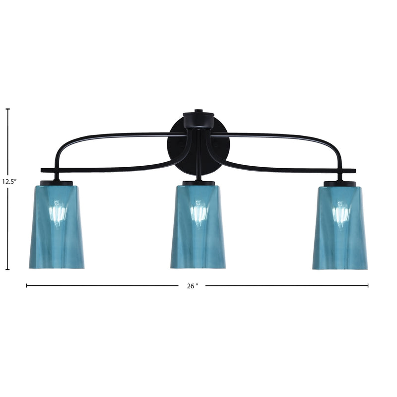 Toltec Cavella 12.5in 3-Light Bath Bar | Modern Matte Black Steel and Blue Gradient Glass | Bathroom Vanity | 7 x 12.5 in | Model 3913-MB-265