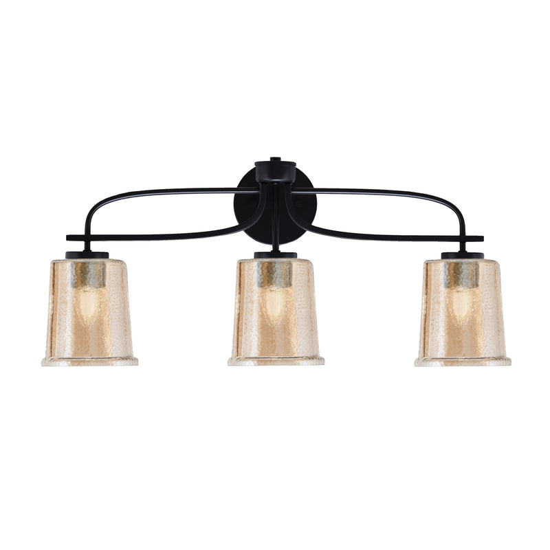 Toltec Cavella 3-Light Bath Bar | Modern Matte Black and Amber Bubble Glass | Bathroom Vanity Lighting | 7.25 x 12 in | Model 3913-MB-5033