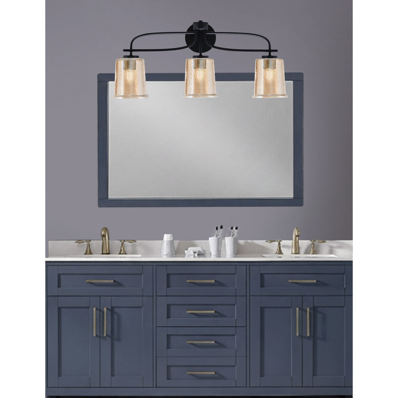 Toltec Cavella 3-Light Bath Bar | Modern Matte Black and Amber Bubble Glass | Bathroom Vanity Lighting | 7.25 x 12 in | Model 3913-MB-5033