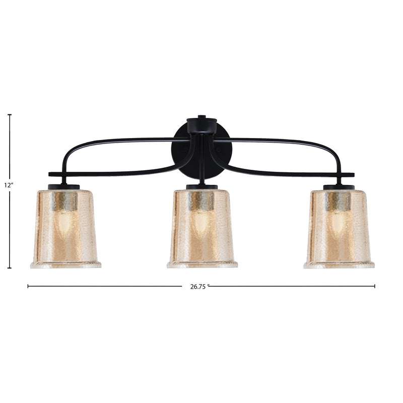 Toltec Cavella 3-Light Bath Bar | Modern Matte Black and Amber Bubble Glass | Bathroom Vanity Lighting | 7.25 x 12 in | Model 3913-MB-5033