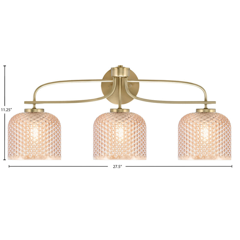 Toltec Cavella 27.5in 3-Light Vanity Light | Transitional New Age Brass Steel and Amber Textured Glass | Bathroom Vanity | 27.5 x 7.75 x 11.25 in | Model 3913-NAB-4613