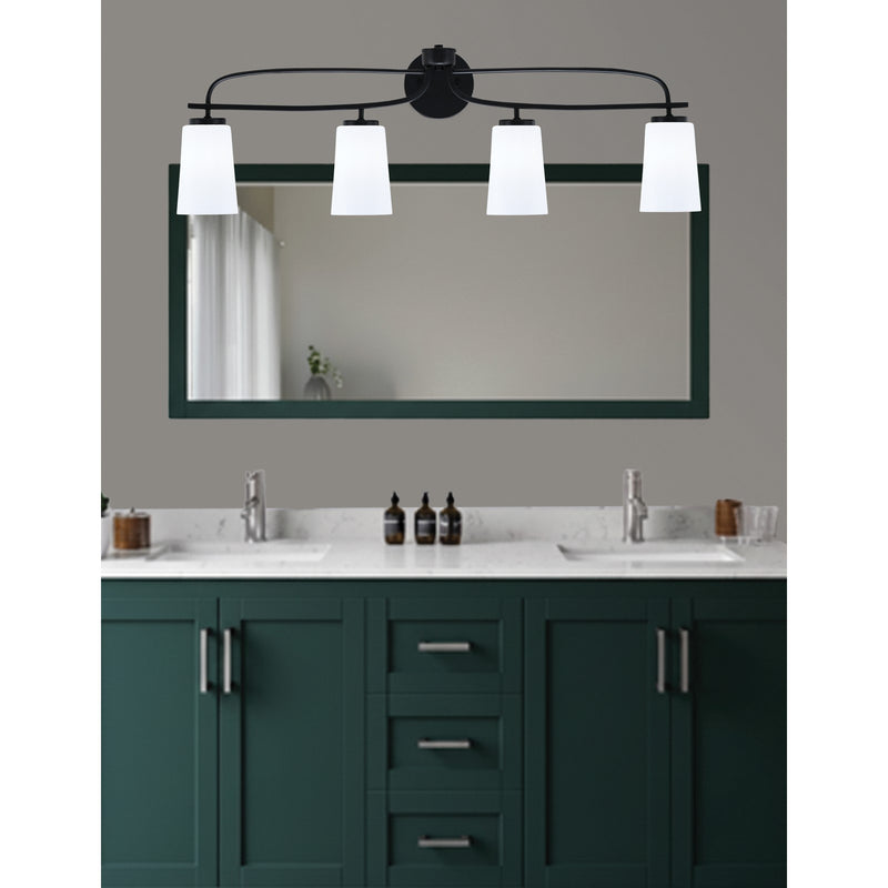 Toltec Cavella 12.5in 4-Light Bath Bar | Modern Matte Black Steel and White Opal Glass | Bathroom Vanity Light | 7 x 12.5 in | Model 3914-MB-261