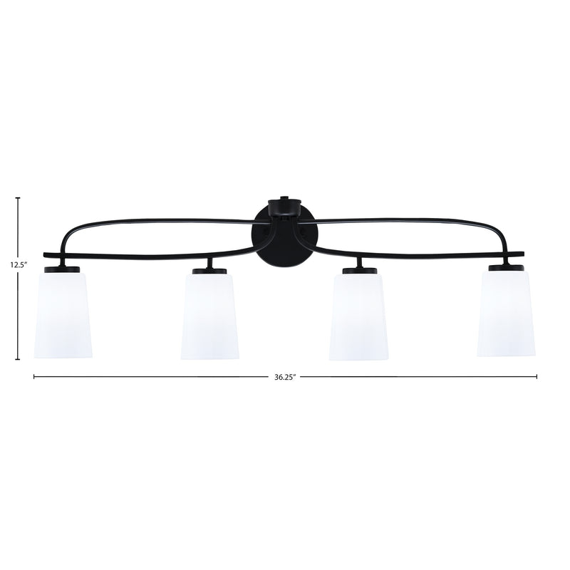 Toltec Cavella 12.5in 4-Light Bath Bar | Modern Matte Black Steel and White Opal Glass | Bathroom Vanity Light | 7 x 12.5 in | Model 3914-MB-261