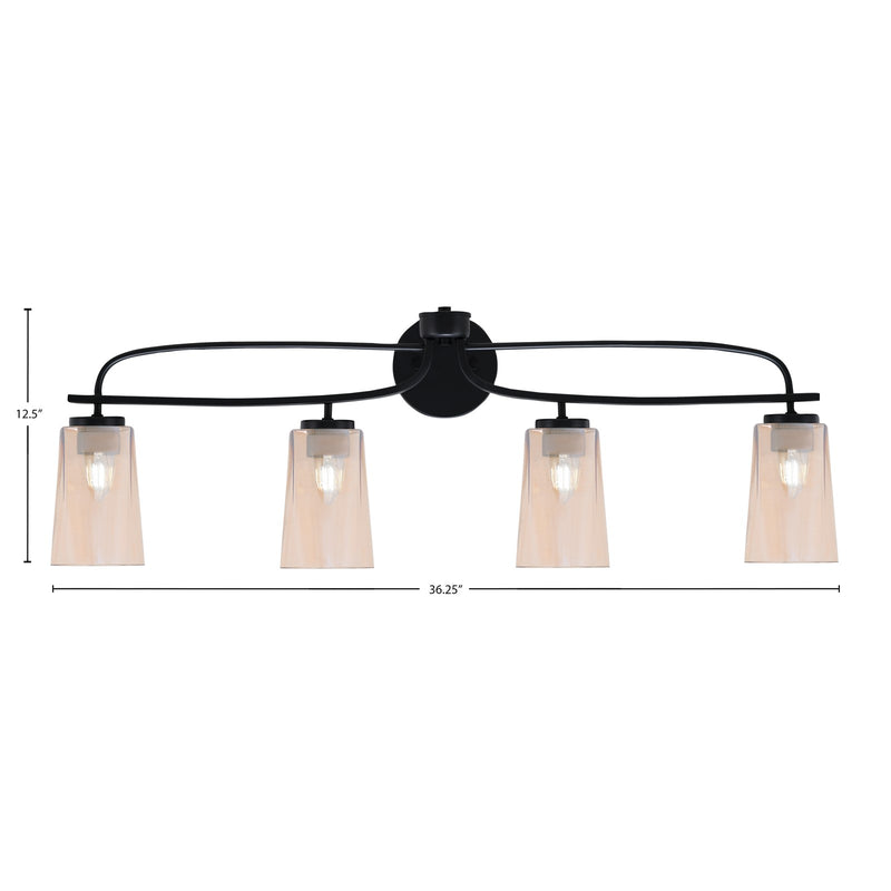 Toltec Cavella 12.5in 4-Light Bath Bar | Modern Matte Black Steel and Amber Gradient Glass | Bathroom Vanity | 7 x 12.5 in | Model 3914-MB-263
