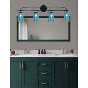 Toltec Cavella 12.5in 4-Light Bath Bar | Modern Matte Black Steel and Blue Gradient Glass | Bathroom Vanity | 7 x 12.5 in | Model 3914-MB-265