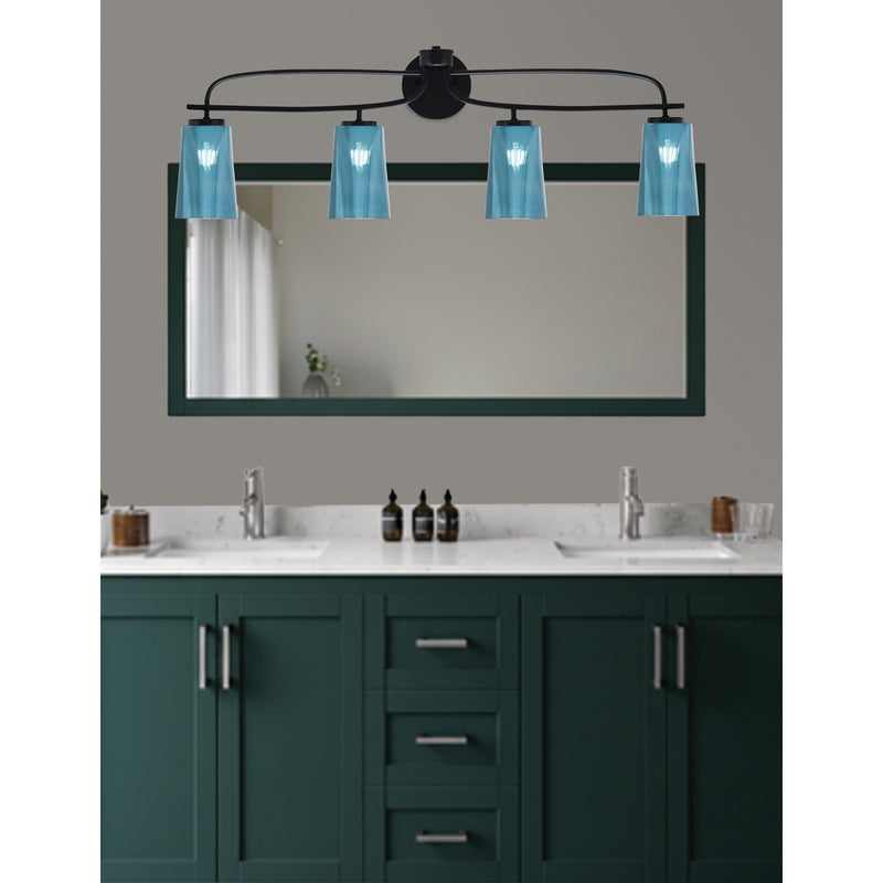 Toltec Cavella 12.5in 4-Light Bath Bar | Modern Matte Black Steel and Blue Gradient Glass | Bathroom Vanity | 7 x 12.5 in | Model 3914-MB-265