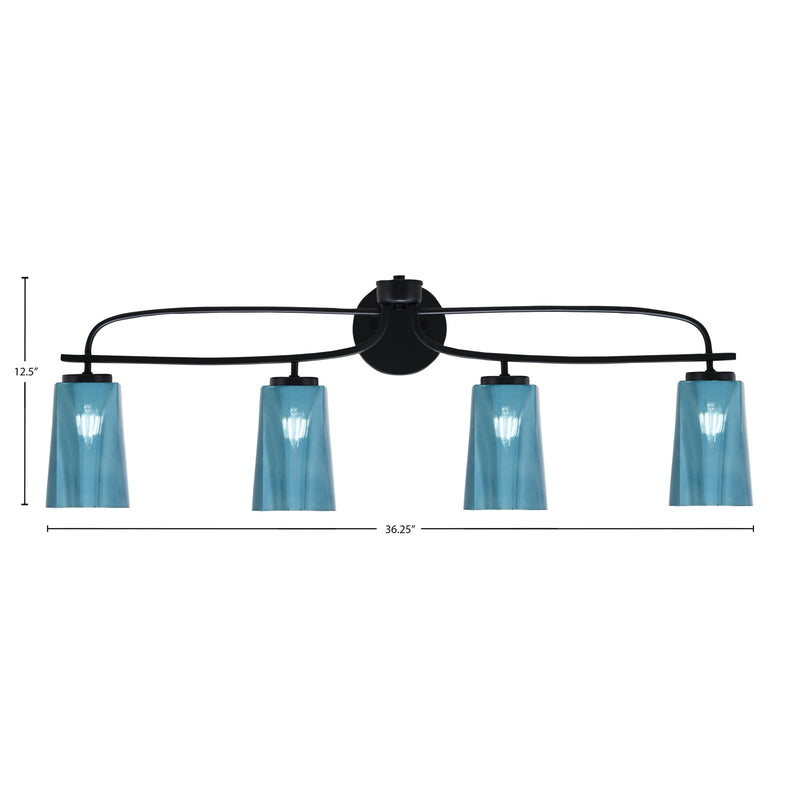 Toltec Cavella 12.5in 4-Light Bath Bar | Modern Matte Black Steel and Blue Gradient Glass | Bathroom Vanity | 7 x 12.5 in | Model 3914-MB-265