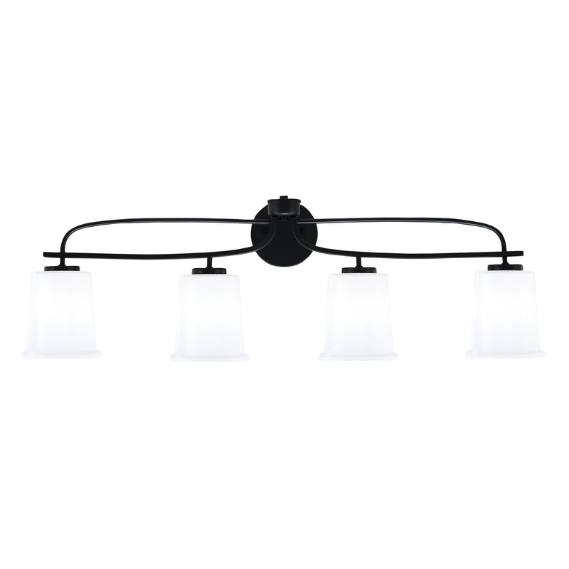 Toltec Cavella 12in 4-Light Bath Bar | Modern Matte Black Steel and White Opal Glass | Bathroom Vanity | 7.25 x 12 in | Model 3914-MB-5031