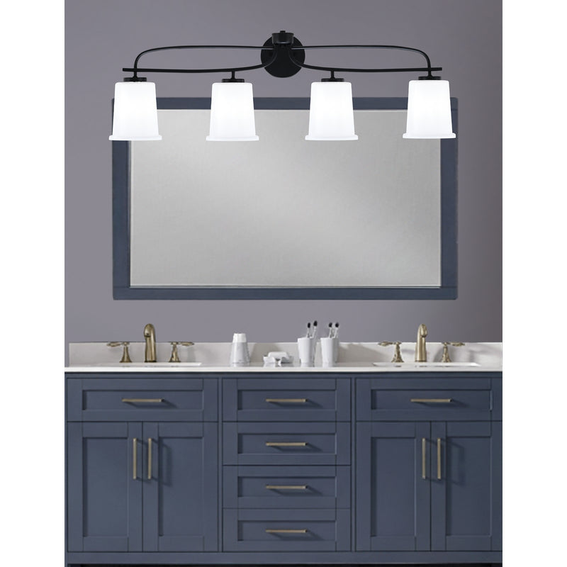 Toltec Cavella 12in 4-Light Bath Bar | Modern Matte Black Steel and White Opal Glass | Bathroom Vanity | 7.25 x 12 in | Model 3914-MB-5031