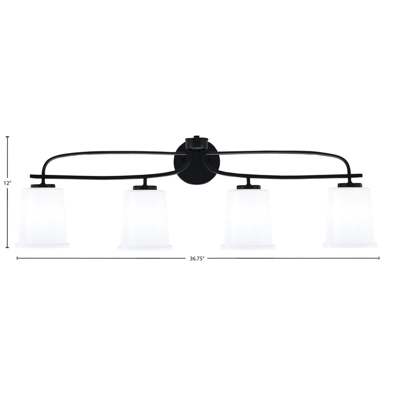 Toltec Cavella 12in 4-Light Bath Bar | Modern Matte Black Steel and White Opal Glass | Bathroom Vanity | 7.25 x 12 in | Model 3914-MB-5031