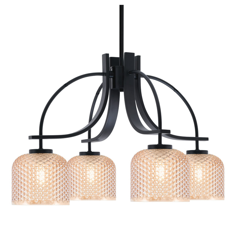 Toltec Cavella 25in 4-Light Downlight Chandelier | Industrial Matte Black Steel and Amber Textured Glass | Dining Room & Kitchen Island | Model 3924-MB-4613