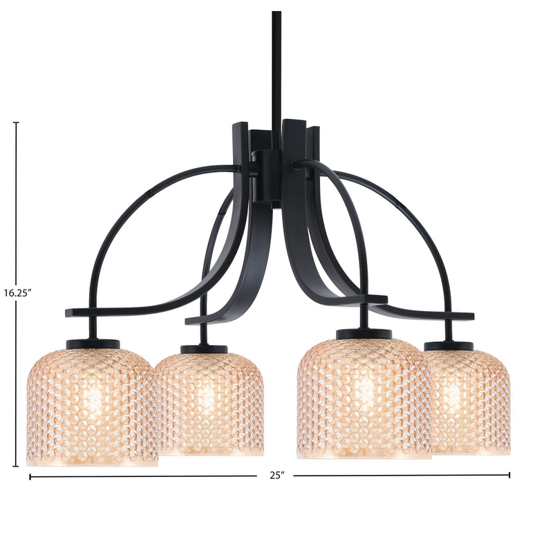 Toltec Cavella 25in 4-Light Downlight Chandelier | Industrial Matte Black Steel and Amber Textured Glass | Dining Room & Kitchen Island | Model 3924-MB-4613