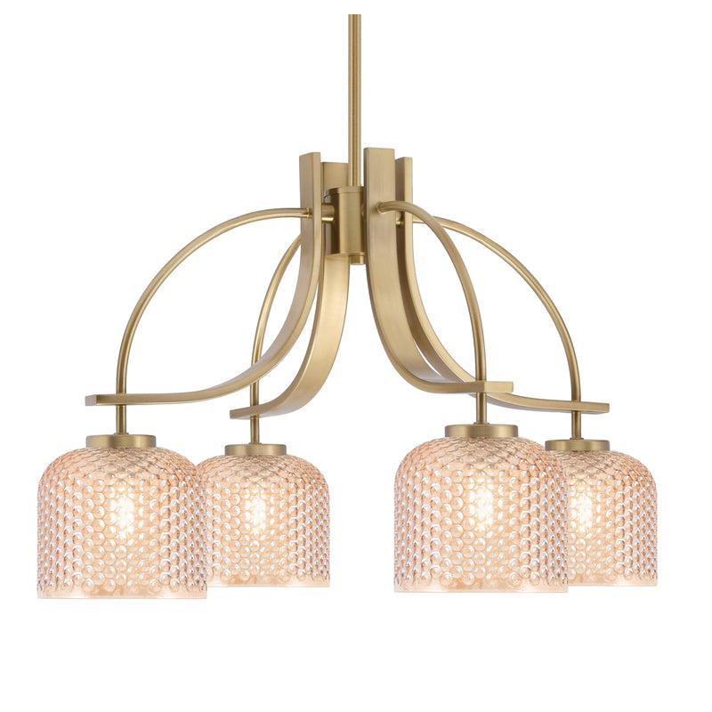 Toltec Cavella 25in 4-Light Downlight Chandelier | New Age Brass Steel and Amber Textured Glass | Dining Room & Kitchen Island | 25 x 25 x 16.25 in | Model 3924-NAB-4613