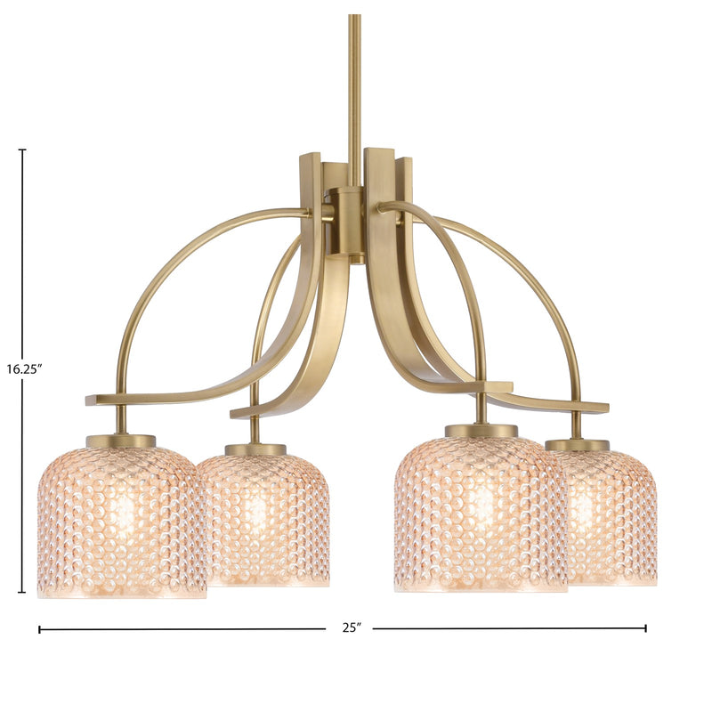 Toltec Cavella 25in 4-Light Downlight Chandelier | New Age Brass Steel and Amber Textured Glass | Dining Room & Kitchen Island | 25 x 25 x 16.25 in | Model 3924-NAB-4613