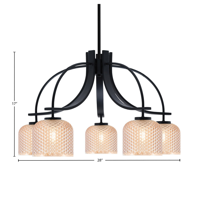 Toltec Cavella 28in 5-Light Downlight Chandelier | Matte Black Steel and Amber Textured Glass | Dining Room & Kitchen Island | 28 x 28 x 17 in | Model 3925-MB-4613