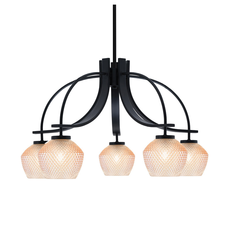 Toltec Cavella 28in 5-Light Downlight Chandelier | Modern Matte Black Steel and Amber Textured Glass | Dining Room & Kitchen Island | 28 x 28 x 17 in | Model 3925-MB-4623