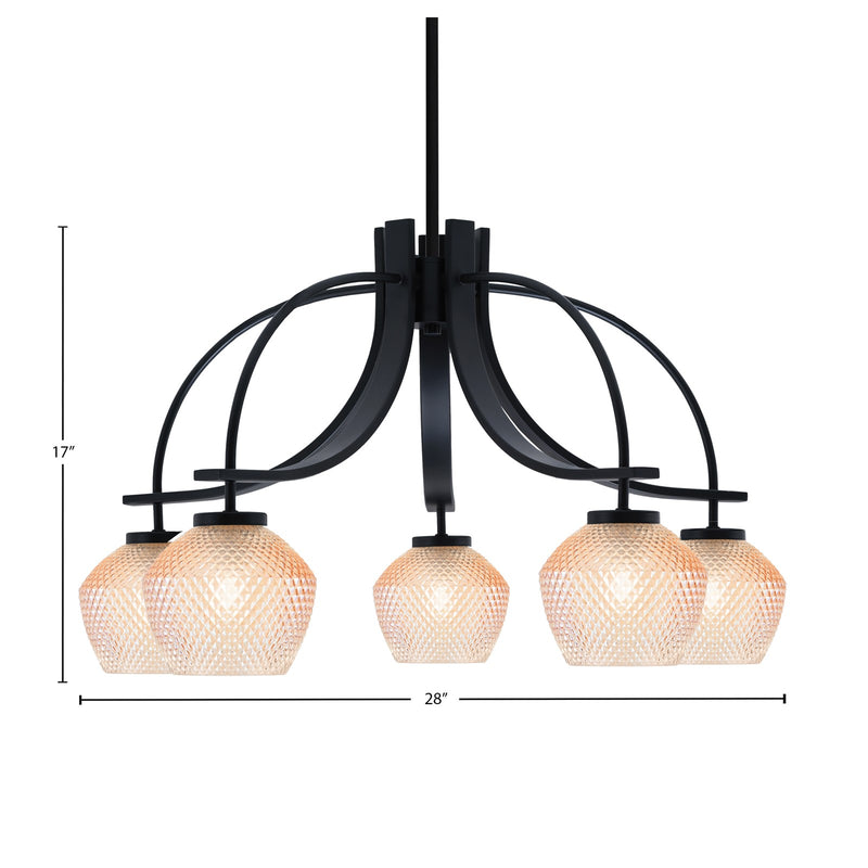Toltec Cavella 28in 5-Light Downlight Chandelier | Modern Matte Black Steel and Amber Textured Glass | Dining Room & Kitchen Island | 28 x 28 x 17 in | Model 3925-MB-4623