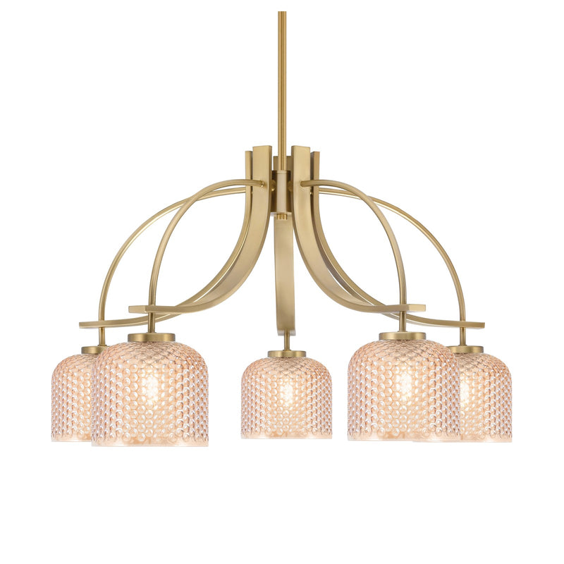 Toltec Cavella 28in 5-Light Downlight Chandelier | New Age Brass Steel and Amber Textured Glass | Dining Room & Kitchen Island | 28 x 28 x 17 in | Model 3925-NAB-4613