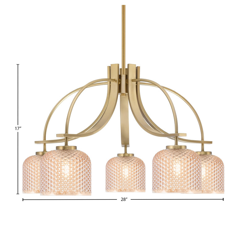 Toltec Cavella 28in 5-Light Downlight Chandelier | New Age Brass Steel and Amber Textured Glass | Dining Room & Kitchen Island | 28 x 28 x 17 in | Model 3925-NAB-4613