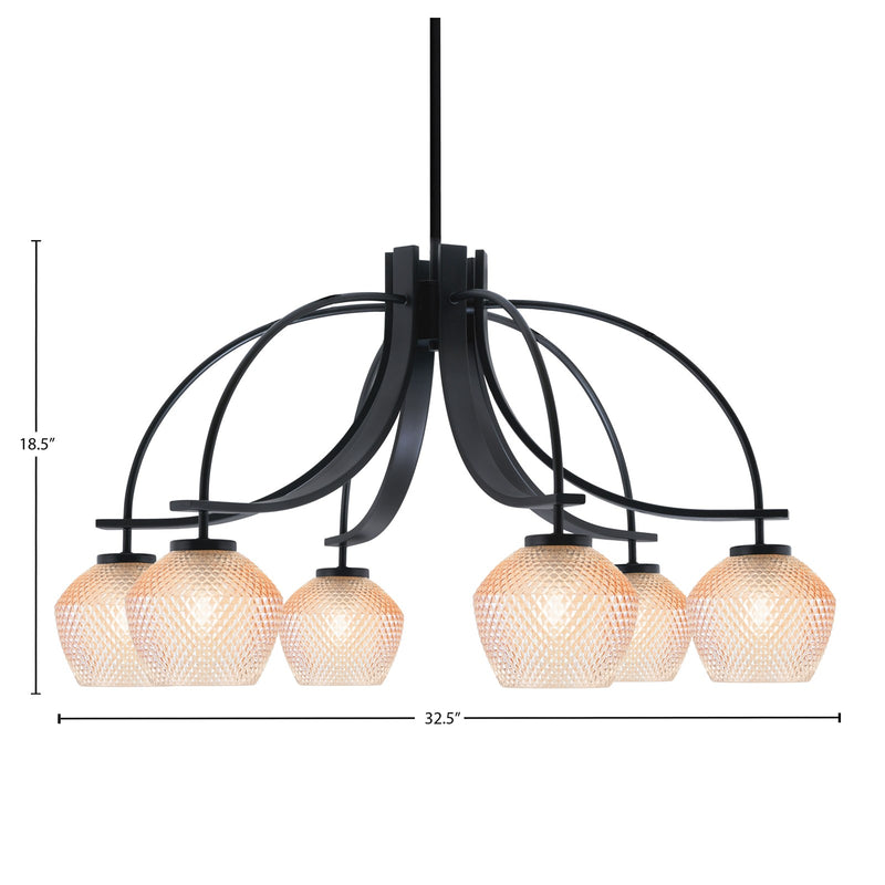 Toltec Cavella 32.5in 6-Light Downlight Chandelier | Modern Matte Black Steel and Amber Textured Glass | Dining Room & Kitchen Island | Model 3926-MB-4623