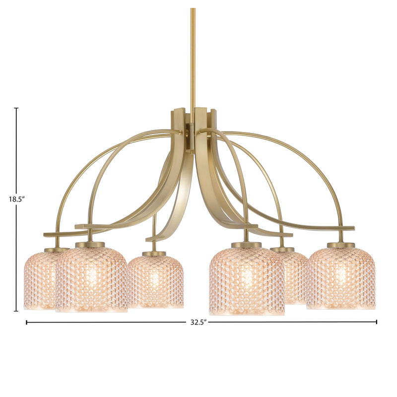 Toltec Cavella 32.5in 6-Light Chandelier | New Age Brass Steel and Amber Textured Glass | Dining Room & Kitchen Island | 32.5 x 18.5 in | Model 3926-NAB-4613